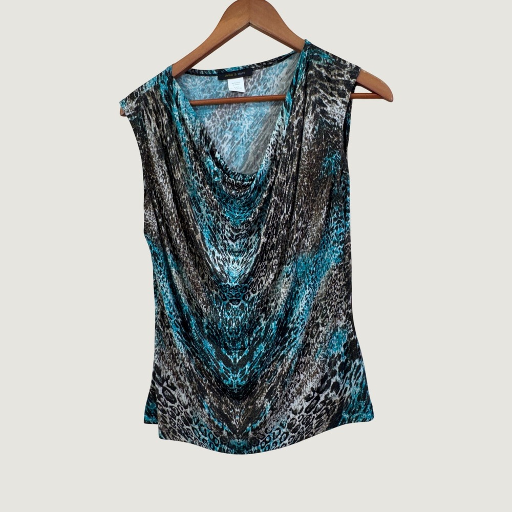 Jennie & Marlis Cowl Neck Top M Turquoise Brown Animal Print Glitter Y2K Glam